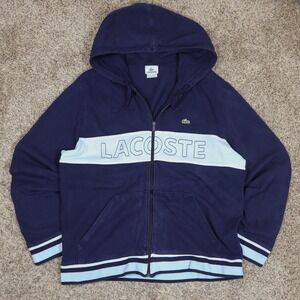 Lacoste Full Zip Hoodie Men's Size 6 Navy Blue Pique Knit Logo Stripe Y2K